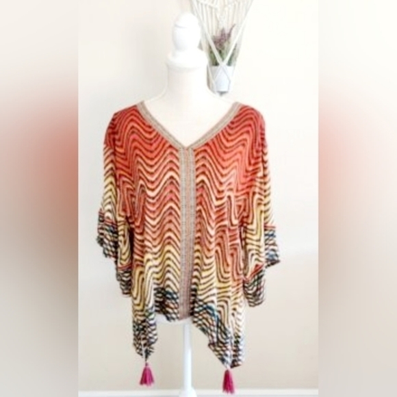 Multi Colored Boho‎ Top by Democracy Size Medium with Fringe Flowy - Picture 1 of 4
